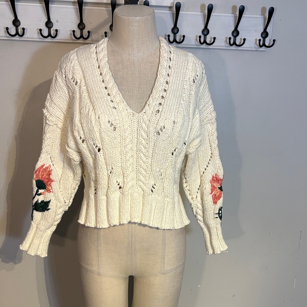 Pilcro Cream V-Neck Sweater with Pink Floral Embroidery - Picture 4 of 7